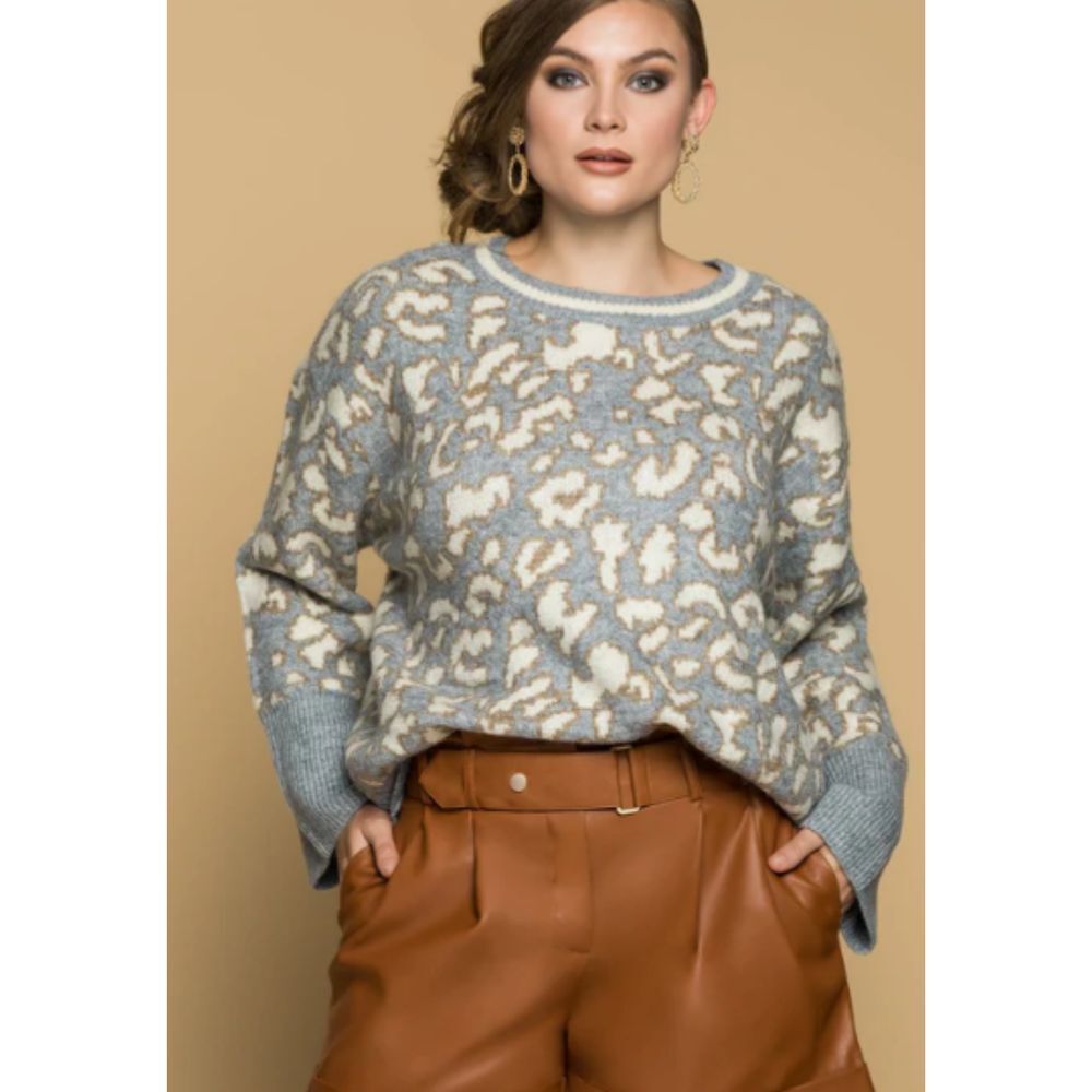Anthropologie POL Womens Animal Print Knit Sweater Size M Gray Cream Oversized